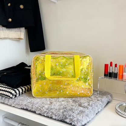 Holographic Yellow Clear Star Large Cosmetic Bag and TPU Travel Pouch with Handle,Durable Material,Zipper Design-Ideal for Makeup,Travel Essentials (Yellow) - color: Yellow