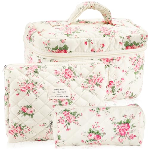 URSKYTOUS 3Pcs Cotton Quilted Makeup Bag for Women Girls Large Small Travel Pink Floral Cosmetic Bags Set Cute Coquette Makeup Pouch for Purse Aesthetic Cloth Flower Storage Toiletry Bag Organizer - color: MN 3PCS Pink Flower