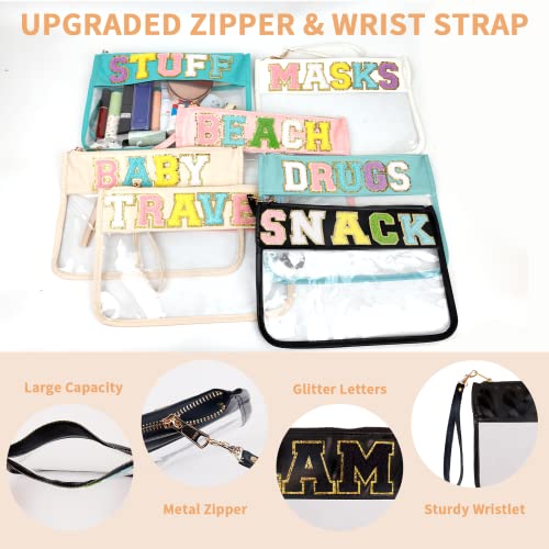 Iqimott Chenille Letter Bag Clear Flat Pouch, Monogram Glitter Letter Patch Makeup Cosmetic Bag Zipper Toiletry Pouch, Portable Travel Beach Snack Wristlet Bag for Women Girls(Black) - color: Glam-Black