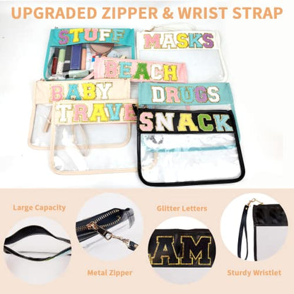 Iqimott Chenille Letter Bag Clear Flat Pouch, Monogram Glitter Letter Patch Makeup Cosmetic Bag Zipper Toiletry Pouch, Portable Travel Beach Snack Wristlet Bag for Women Girls(Black) - color: Glam-Black
