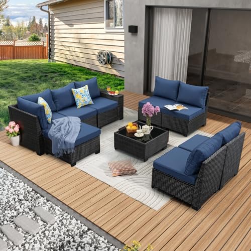 JOYURE 9 Pieces Patio Furniture Set All-Weather Outdoor Wicker Sectional Conversation Sofa Rattan Patio Seating Sofa with Cushion and Glass Table and Ottoman for Porch Poolside,Navy - color: Navy, size: 9 pieces set
