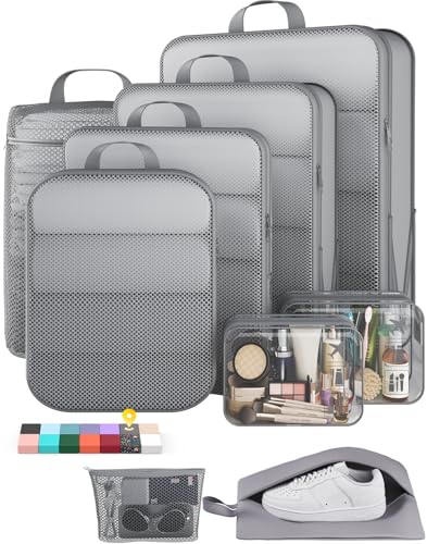 Veken 9/11 Set Compression Packing Cubes for Travel Essentials,Compressible Expandable Large Luggage Suitcase Organizer Bags for Clothing,Durable Space Saver Storage Bags with Toiletry Bags(Gray) - color: Gray, size: 9 set