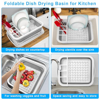 Collapsible Dish Drying Rack Portable Dish Drainers for Kitchen Counter with Drainboard, Kitchen Sink Organizer Basket RV Accessories Camper Storage and Organization Dish Rack Over Sink Drying Rack - style: With Tray