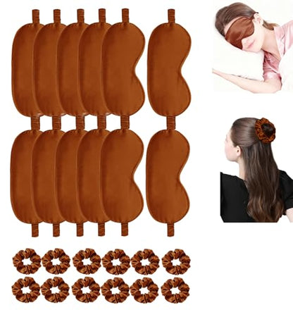 24Pcs Satin Eye Mask Silk Sleep Masks Silky Eyes Cover Blackout Blindfold Eyeshade Scrunchies Hair Ties Travel Wedding Gift - color: Maple