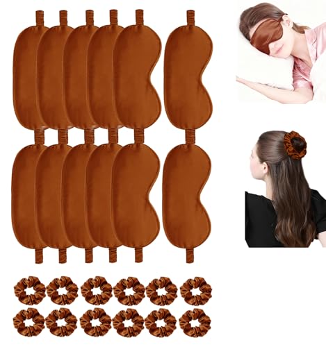 24Pcs Satin Eye Mask Silk Sleep Masks Silky Eyes Cover Blackout Blindfold Eyeshade Scrunchies Hair Ties Travel Wedding Gift - color: Maple