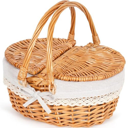 Happypicnic 12" Picnic Basket - Small Wicker Basket with Foldable Handle Lid & Removable Liner | Cute Picnic Basket Toy Empty for Kids, Gift, Halloween, Christmas, Valentines, Easter, Birthday, Solid - color: Solid, size: Small