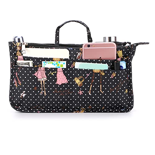 BTSKY Printing Handbag Organizers Inside Purse Insert-High Capacity 13 Pockets Bag Tote Organizer with Handle Fashion Style - color: Black+Pink