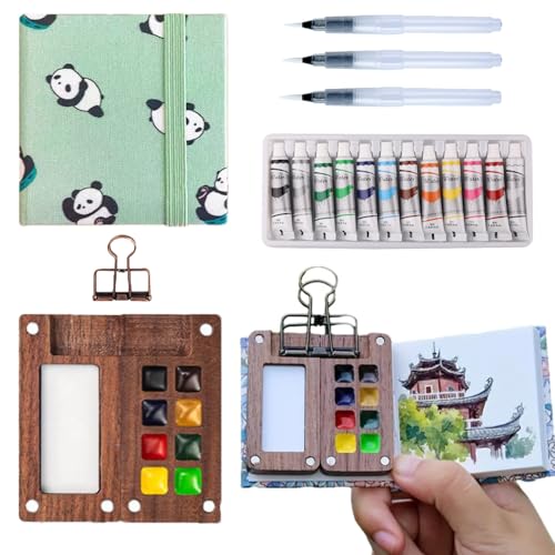 Aimery Mini Watercolor Paint Travel Set, Portable Pocket Size Water Color Painting Kit with Wooden Palette, Refillable Brush & Sketchbook(Panda) – Gift for Birthdays, Beginners, Art Lovers - style: Panda