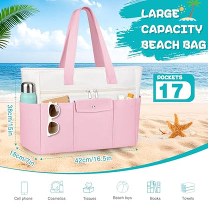 Beach Bags for Women Large Canvas Beach Tote with Zipper Wet Pocket, Waterproof Foldable Swim Pool Travel Tote Bags - color: Pink