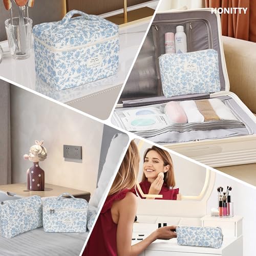 honitty Makeup Pouch,Quilted Cosmetic Bags,Large Floral Make Up Organizer for Women - color: 1PCS-Blue-White2