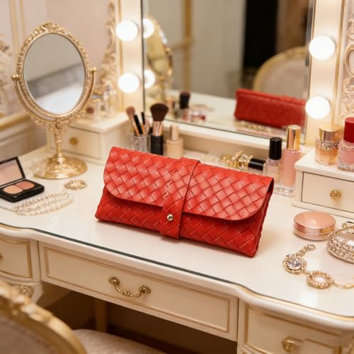 Portable Leather Glasses Case Anti-pressure Glasses Bag Coin Purse Storage Bag Suitable for Men and Women - color: Red