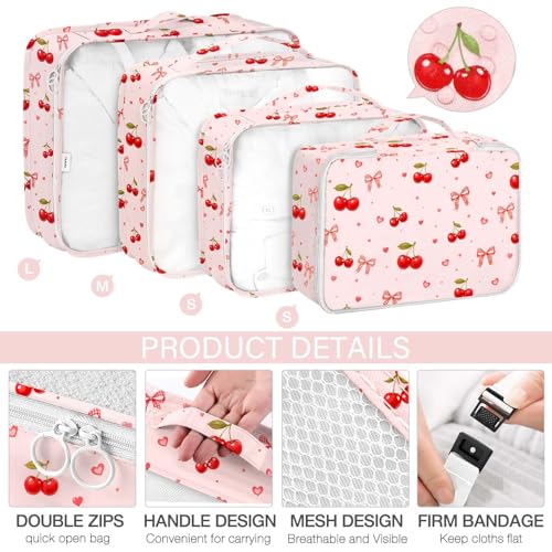KPX 8 Set Packing Cubes for Travel, Luggage Packing Organizers Accessories Large Toiletries Bag for Clothes Shoes Cosmetics (8Set-Cherry & Bow) - color: 8Set-Cherry & Bow