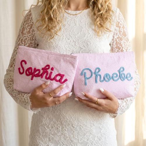 Personalized Makeup Bag with Name, Seersucker Cosmetic Pouch Women Girl, Bridesmaid Travel Bag, Organizer Storage Pouch, Gifts to Mom Wife Girlfriend, 9.84x6.69''