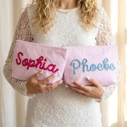 Personalized Makeup Bag with Name, Seersucker Cosmetic Pouch Women Girl, Bridesmaid Travel Bag, Organizer Storage Pouch, Gifts to Mom Wife Girlfriend, 9.84x6.69''