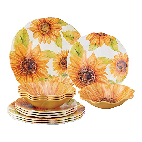 UPware 12 Piece Sunflower Melamine Dinnerware Sets, Outdoor Dishes Set, Plates and Bowls Sets, Service for 4, Yellow - color: Sunflower