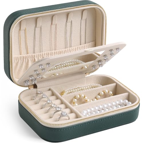 Genuine Leather Travel Jewelry Organizer Case with Mirror for Women, Small Mini Portable Jewelry Box for Ring Earrings Necklace Bracelet Luxury Gift for Women（Dark Green） - color: Lychee Grain Leather Dark Green