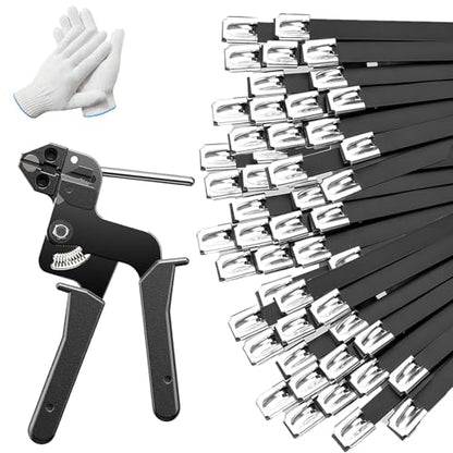 150 PCS 11.8 Inch Black Galvanized Steel Cable Ties with Metal Cable Tie Gun and Protective Gloves, Heavy Duty 304 Stainless Steel Zip Ties Self-Locking Steel Ties Fastening Tool Kit for Fence Use - color: Black, size: 150PCS 1.81x11.8 IN