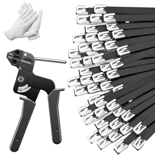 150 PCS 11.8 Inch Black Galvanized Steel Cable Ties with Metal Cable Tie Gun and Protective Gloves, Heavy Duty 304 Stainless Steel Zip Ties Self-Locking Steel Ties Fastening Tool Kit for Fence Use - color: Black, size: 150PCS 1.81x11.8 IN