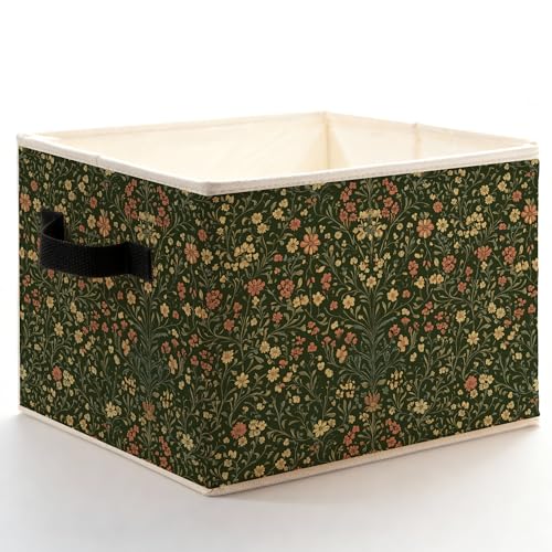 Green Rustic Floral Plant Storage Bins Box with Handles, Vintage Cottagecore Wildflower Botanical Foldable Basket Toybox for Bedroom Bathroom Laundry Room Home Clothes Toys Books - color: Color-5