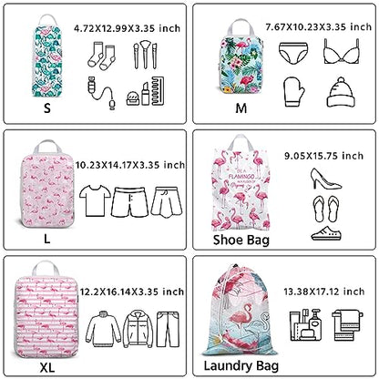 6 Pcs Compression Packing Cubes Waterproof Suitcase Travel Bag Luggage Backpack Organizer Travel Cubes for Packing-Flamingo - color: Flamingo