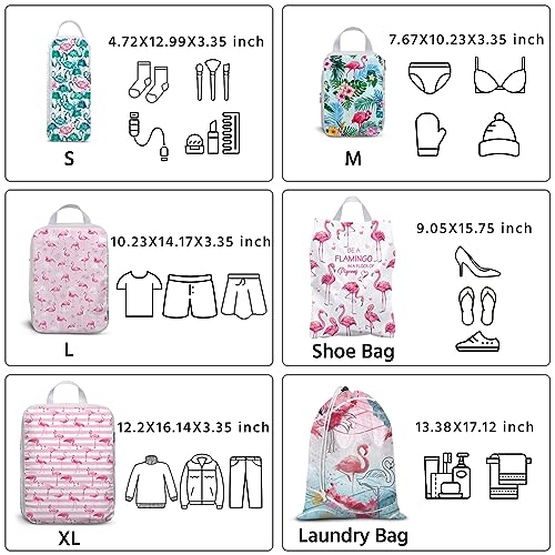 6 Pcs Compression Packing Cubes Waterproof Suitcase Travel Bag Luggage Backpack Organizer Travel Cubes for Packing-Flamingo - color: Flamingo