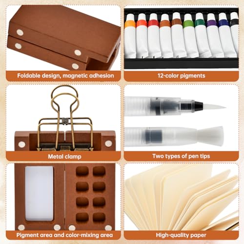 Mini Watercolor Travel Set (9-Piece), 8-Grid Walnut Palette with 12 Watercolor Paints, Mini Sketchbook, 6 Brush Pens and Metal Clip, Pocket Painting Kit for Outdoor Sketching and Travel