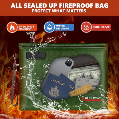 ROLOWAY Fireproof Document Bag (14.5 x 11.5 inch), 6400℉ Fireproof Money Bag with Zipper for Cash, Fire Safe Money Pouch with Lock (Green) - color: Green