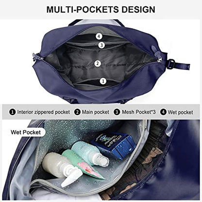 Dark Blue Sport Travel Duffle Bag Large Gym Tote Bags for Women, Weekender Carry on Bags for Airplane, Ladies Beach Overnight Waterproof Luggage Bags with Wet Pocket - color: Dark Blue