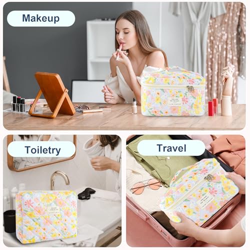 GISMTR 3Pcs Makeup Bag Cotton Quilted Travel Cosmetic Bag Cute Floral Makeup Pouch Large Toiletry Bag for Women Girls - color: Oil painting flowers