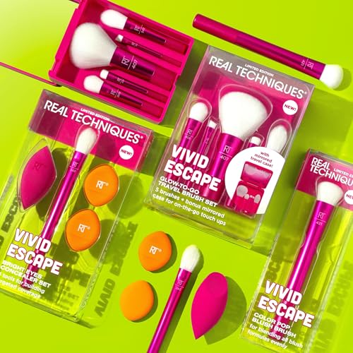 Real Techniques Vivid Escape Bright Eyes Concealer 4 Piece Set, Includes Kitten Paw Makeup Brush, Powder Puff, & Concealer Makeup Blending Sponge, Targeted Concealing, Travel Friendly, Cruelty-Free - size: 1 Count (Pack of 4)