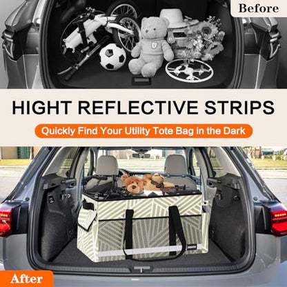 Extra Large Utility Tote Bag with Reflective Strip, Standing Reusable Grocery Bags with Hard Bottom, Collapsible Utility Tote with Handles for Shopping, Beach, Picnics, Car, Striped Gray - color: Twill Gray