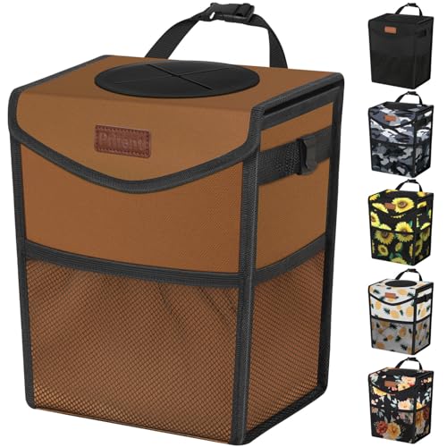 Pritent Car Trash Can with Lid, Cute Leakproof Car Trash Garbage Bag Hanging Vehicle Trash Bin Small Portable Automotive Garbage Cans Organizer for Back/Front Seat(Trapezoid,Brown) - color: Brown, size: 2 Gallons
