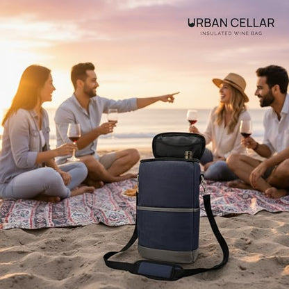URBAN CELLAR Insulated Wine Carrier Tote - 2 Bottle Wine Cooler Bag with Ice Packs, 6+ Hour Cooling, Waterproof Waxed Canvas for Travel, Picnic, BYOB - Wine Gift