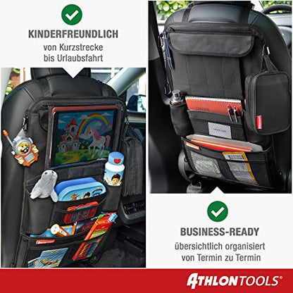 ATHLON TOOLS car seat organizer with integrated tablet holder - Reinforced back - with extra pen pocket - for business and children - Designed in Germany