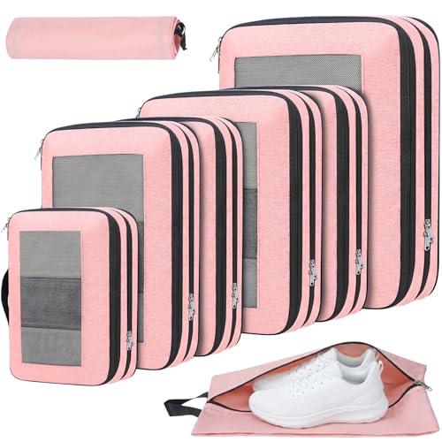 Compression Packing Cubes for Travel, Lightweight Vacation Travel Essentials, Travel Accessories for Suitcase Organizer Bags Set, Durable Luggage Organizer - color: Rose Pink, size: 8 set-Square Mesh