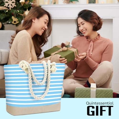 Fokongna Tote Bag For Women, Beach Bag Best Friend Travel Birthday Gifts, Travel Parties Vacation Shopping Essentials - color: Blue White Stripes