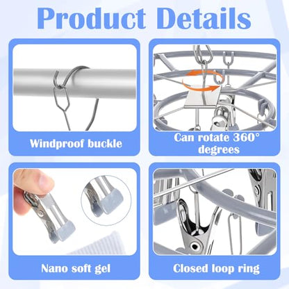2 Pack Clothes Drying Rack with 24 Clips, Stainless Steel Clothes Drying Hanger, Swivel Windproof Round Dry Rack, Heavy Duty Underwear Hanger for Indoor Outdoor Wet and Dry (Grey)