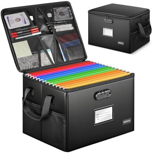 DEEGO Fireproof Document Box, Water-Resistant File Organizer Box with Lock for Document Safe, Collapsible File Organizer with Handle, Filing Cabinets for Home Office for Hanging Letter/Legal Folder - color: Black1, style: 1 Layer