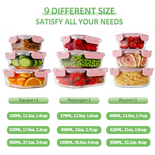 HOMBERKING Glass Food Storage Containers with Lids, [18 Piece] Glass Meal Prep Containers, Airtight Lunch Bento Boxes, BPA-Free & Leak Proof (9 lids & 9 Containers) - Pink - color: Pink