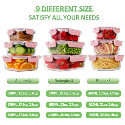 HOMBERKING Glass Food Storage Containers with Lids, [18 Piece] Glass Meal Prep Containers, Airtight Lunch Bento Boxes, BPA-Free & Leak Proof (9 lids & 9 Containers) - Pink - color: Pink