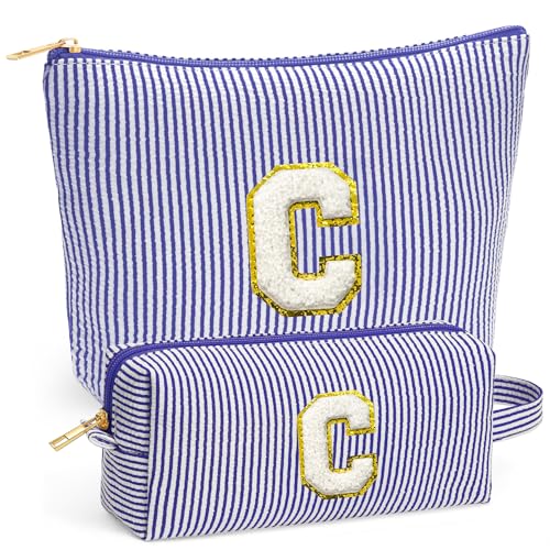 Initial Makeup Kit - Cosmetic Bags for Women, Make up Bag Set Portable Travel Toiletry Bag with Zipper, Cute Blue Stuff Birthday Gifts for Women Mom Girlfriend, Blue Letter C - color: Blue, style: C
