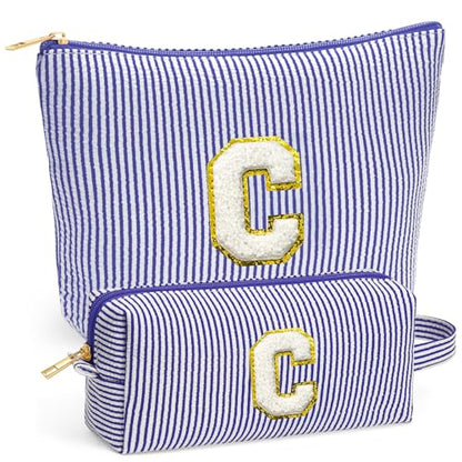Initial Makeup Kit - Cosmetic Bags for Women, Make up Bag Set Portable Travel Toiletry Bag with Zipper, Cute Blue Stuff Birthday Gifts for Women Mom Girlfriend, Blue Letter C - color: Blue, style: C