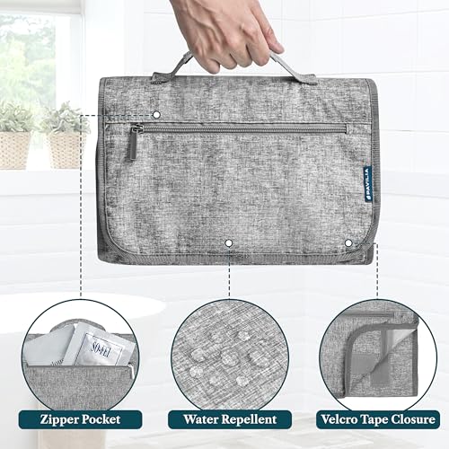 PAVILIA Hanging Toiletry Bag for Women Men, Large Foldable Toiletries Organizer with Hook, Water-Resistant Makeup Cosmetic Rollup Case, Clear Pockets for Bathroom, Gym, Cruise (Heather Grey) - color: Heather Grey