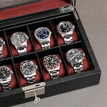 ROTHWELL 10 Slot Leather Watch Box - Luxury Case Display Jewelry Organizer - Locking Watch Display Case Holder with Large Glass Top - Box Organizer for Men and Women (Black/Red) - color: Black / Red