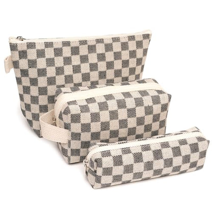 3 Pcs Canvas Makeup Bag Set Checkered Cosmetic Pouch for Women Travel Toiletry Bag Cute Makeup Organizer Purse Pouch Preppy Pencil Case with Zipper (Checkered Black) - color: Checkered Black
