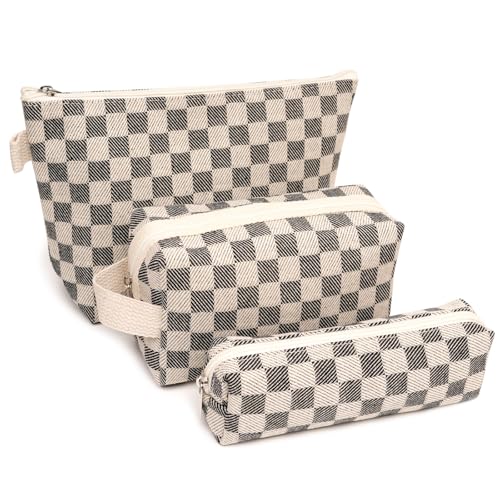 3 Pcs Canvas Makeup Bag Set Checkered Cosmetic Pouch for Women Travel Toiletry Bag Cute Makeup Organizer Purse Pouch Preppy Pencil Case with Zipper (Checkered Black) - color: Checkered Black