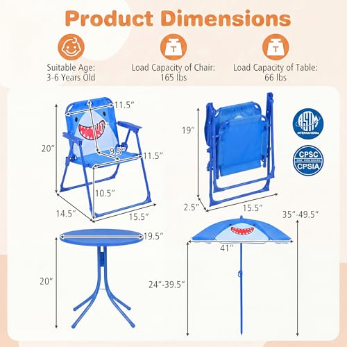 HONEY JOY Kids Picnic Table, Animal Themed Toddler Outdoor Table and Chair Set, 2 Folding Chairs & Removable Umbrella, Children Outdoor Furniture for Backyard Patio Garden (Navy Shark) - color: Navy Shark