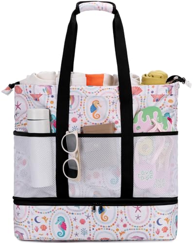 JIANYA Beach Bag Women Waterproof Sandproof Beach Tote Bags with Cooler Top Zipper Large Totes for Pool Travel Daily - color: Ocean Party-beige