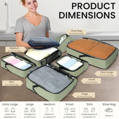 BAGAIL 4 Set/6 Set/8 Set Compression Packing Cubes Travel Accessories Expandable Packing Organizers (Half Mesh, 6-Matcha Green) - color: 6-Matcha Green, style: Half Mesh