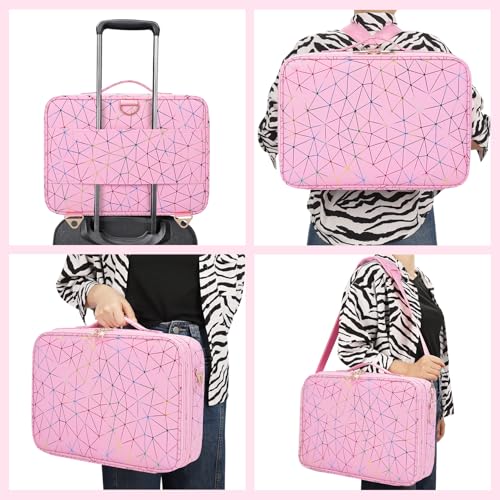 MONSTINA Professional Makeup Case Bag|3 Layers Large Capacity Cosmetic Organizer Brush Bag,Barber Train Case Makeup Artist Box,PU Leather Stylish Geometric Reflection Patterns Pink - color: Pink Diamond, size: Large
